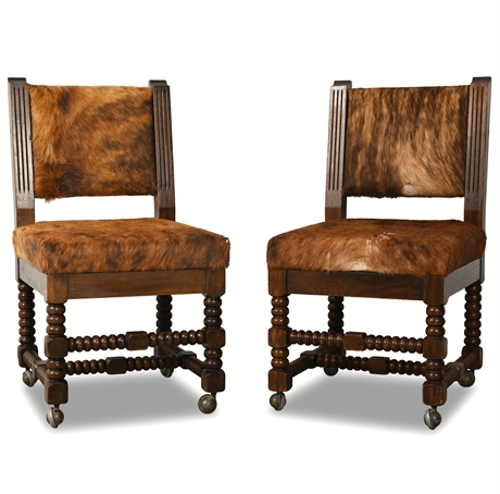 Louis XIII-Style Bobbin-Turned Oak Side Chairs with Cowhide Upholstery