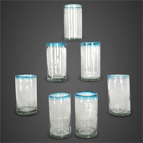 Hand Blown Bubble Glass Tumblers 6" Aqua Rim - Set of 7