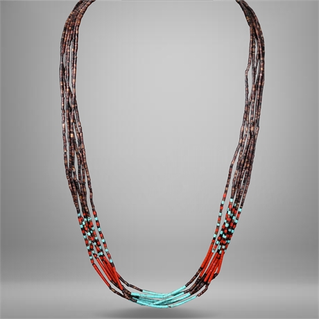 Old Rolled Turquoise, Coral, & Heishi Necklace