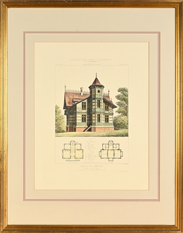 1873 French Architectural Print Maison de Campagne Limoges