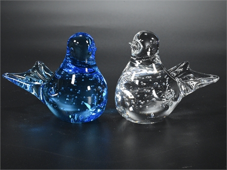 Pair Art Glass Paperweight Birds