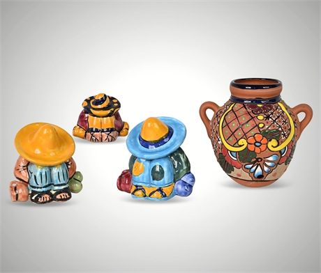 Colorful Mexican Talavera Pottery – 3 Sombrero Figures & Wall Sconce