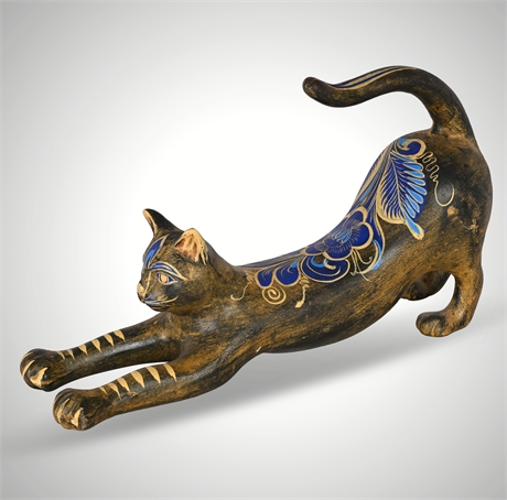 Ceramic Tonala Style Cat Sculpture — Hand Painted, 17.5" Tall, Excellent