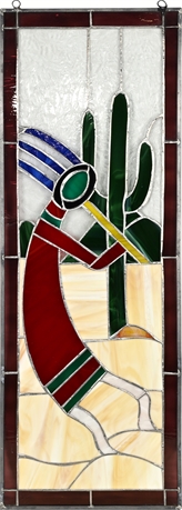 Kokopelli & Cactus Southwest Stained Glass Panel, 30x10" – Local Artist