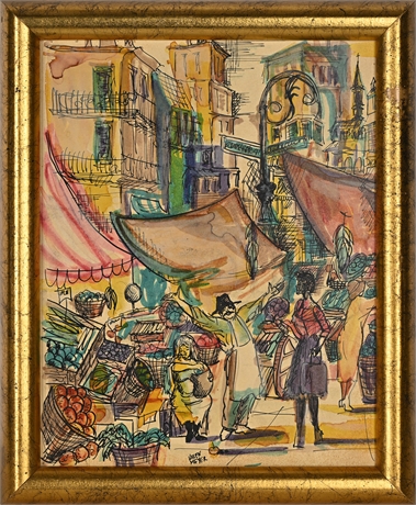 Helen Meyer Watercolor Market Scene — Signed Mid-Century Artwork