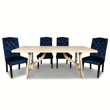 Scrolled Traditional Dining Table, 2" Top + 4 Navy Velvet Chairs