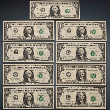 (9) $1 Neff/Simon 1974 Crisp $1 Bills
