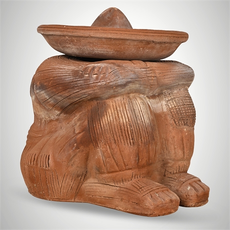Terracotta “Siesta Hombre” Folk Art Bird Bath -- Vintage Mexico