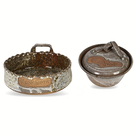 Hand-Thrown Pottery “Nachos” & “Salsa” Server Set – Rustic Glazed Stoneware