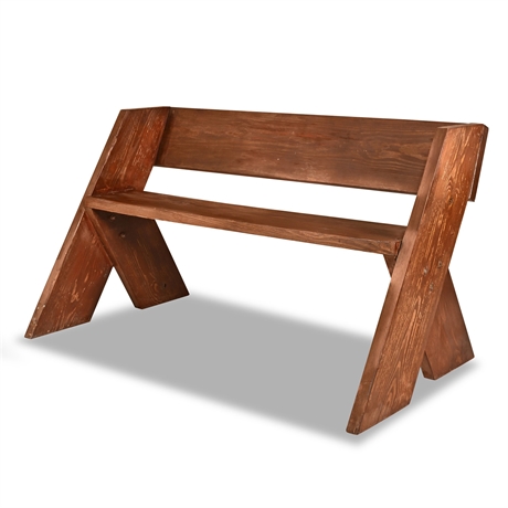 Modernist Angled-Leg Wood Plank Bench, Pierre Jeanneret Style