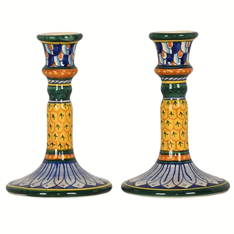 Geribi Deruta Italian Hand-Painted Majolica Candlesticks – Pair