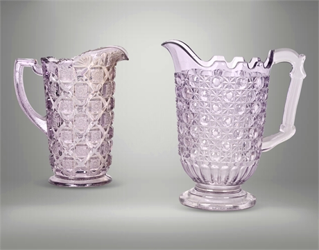 Early Amethyst Pattern Glass Pitcher Duo — Geometric Block & Daisy Motifs​​​​​​​