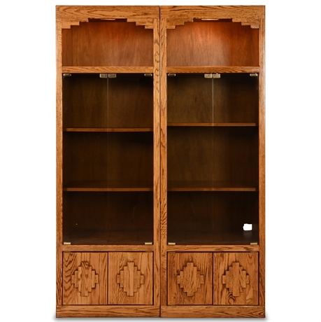 Pair Oak Lighted Bookcases