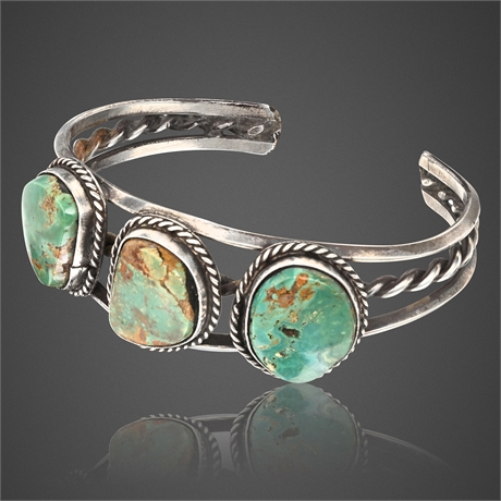 Vintage Navajo Sterling Silver Cuff Bracelet with 3 Royston Turquoise Stones