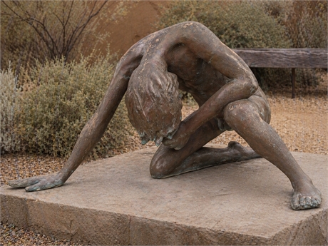 Life-Size Bronze Male Nude Sculpture — Anguished Figure, Verdigris