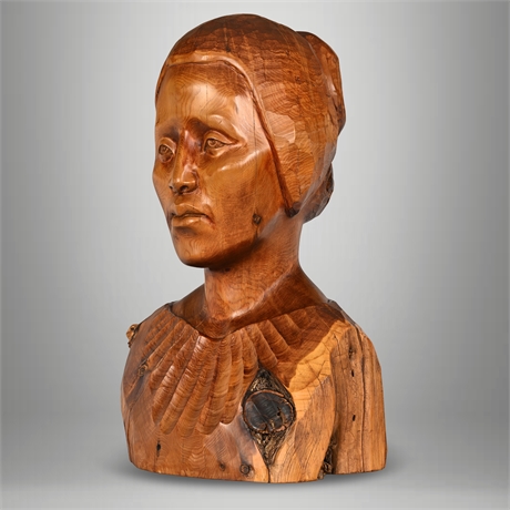 John Boomer Carved Cedar Female Bust Sculpture — Signed, 1983