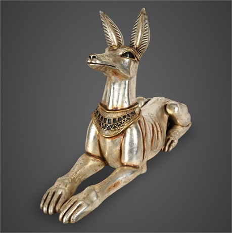 Egyptian Anubis Recumbent Jackal Statue in Silver & Gilt Finish, 2001