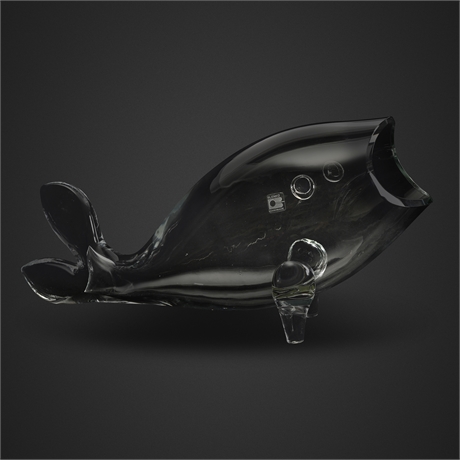 Blenko Hand-Blown Smoke Glass Whale Sculpture, 21" Large Scale, Foil Label