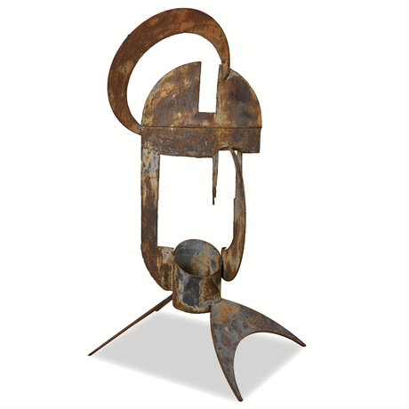 Abstract Torch‑Cut Steel Tripod Sculpture — Oxidized Patina
