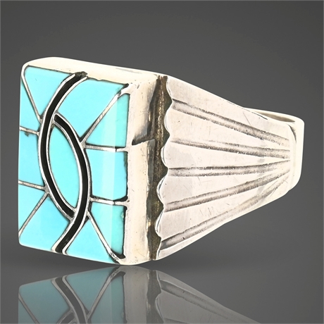 Vintage Navajo N. Lee Sterling Silver & Bisbee Turquoise Inlay Ring