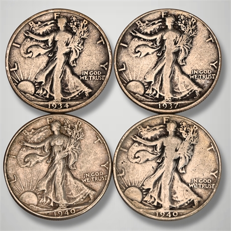 (4) 1934 - 1940 Walking Liberty Silver Half Dollars
