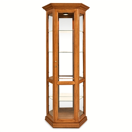 Classic Oak Lighted Curio Cabinet — Glass Door, Mirror Back, Key