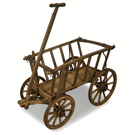 Primitive Wooden Goat Cart with Iron Hardware – 10-Spoke Wheels, Rustic Farm Wag