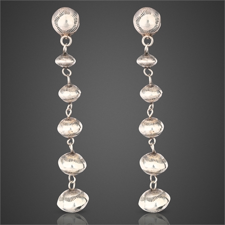 Navajo Pearl Sterling Silver Graduated Bead Drop Earrings – 3.25"