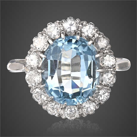Antique 3.00 ct Natural Round-Cut Aquamarine & 0.75 ctw Diamond Halo Ring, 18K