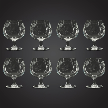 Set of 8 Vintage Etched Crystal Brandy Snifters – Floral Design, 4.5” Tall