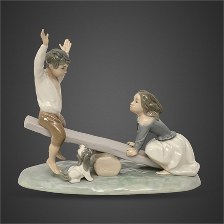 Lladró "Columpio" No. 4867 See-Saw Figurine, Boy, Girl & Dog, Orig. Box