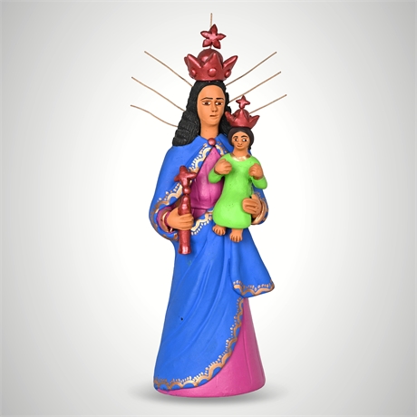 Oaxacan Folk Art Virgin & Child by Concepción Aguilar, Signed Clay Figure
