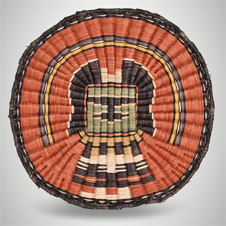 Hopi Wicker Kachina Plaque Basket — Polychrome, 12" Geometric Design