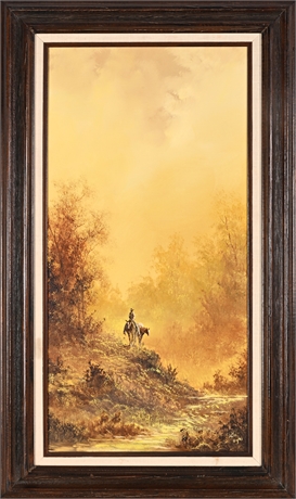 Lester Hughes — Cowboy & Pack Horse at Sunset — Signed Oil on Canvas