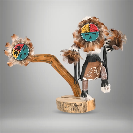 Sun Face Kachina Doll — Signed, Wood Suede Feathers Fur, Log Base & Branch