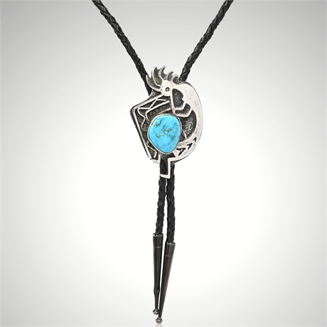 Les Baker Sterling Silver Bolo Tie with Natural Turquoise & Thunderbird Mark