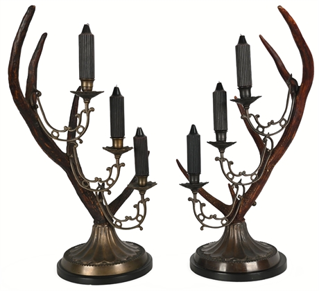 Pair Antler & Brass Candelabra – Rustic Elegance