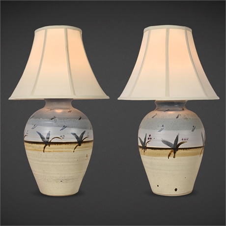 Pair of Large Studio Pottery Table Lamps – Hand Thrown & Painted Birds
