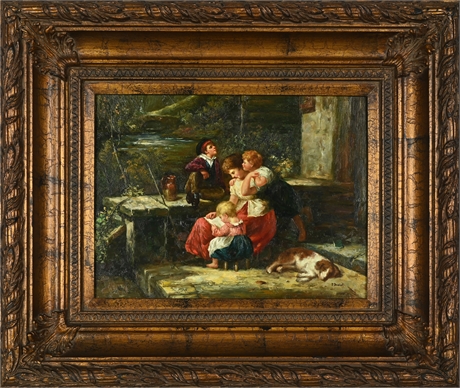 "Tranquil Moments: Family by the Riverside" - P. Bouchet Original Oil