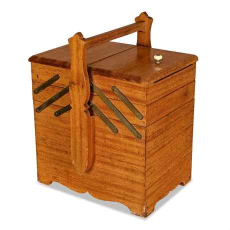 Cantilever Fold-Out Sewing Box, Solid Wood with Brass Accordion Arms