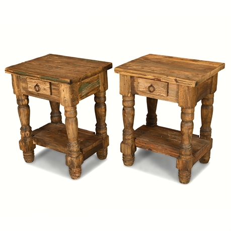 Pair of Solid Wood Rustic Reclaimed End Tables with Iron Hardware, 28"