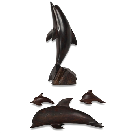 Hand-Carved Ironwood Dolphin Sculpture Set