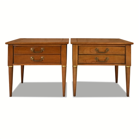 Bassett Mid-Century Walnut Tables with Leather Tops and Brass
