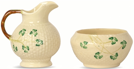 Irish Belleek Shamrock Basketweave Cream & Sugar