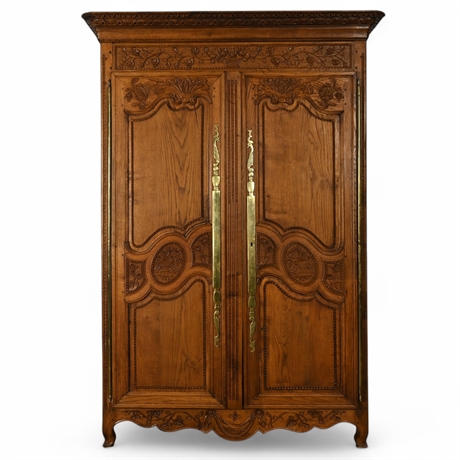 18th-Century French Louis XV Solid Oak Armoire – Hand-Carved with Brass Accents