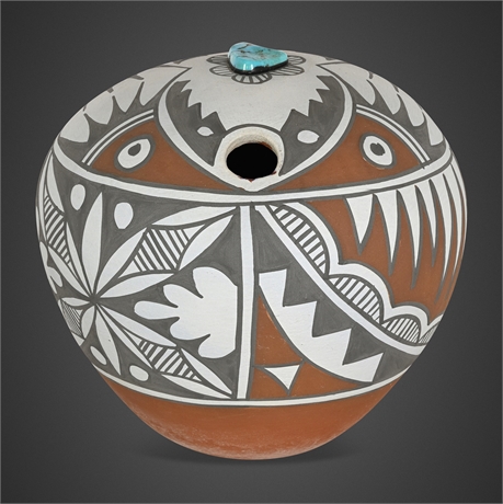 Mary Small Jemez Polychrome Redware Seed Jar with Turquoise Nugget