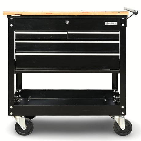 US General Rolling Tool Storage Cart with Wood Worktop