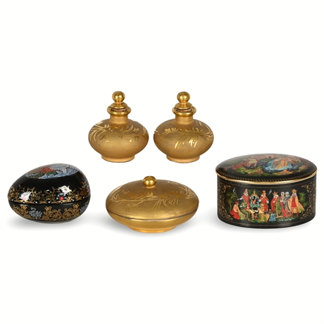 Russian Lacquered Music Box, Gilded Porcelain Containers & Perfume Bottles