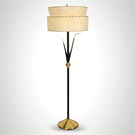 Atomic Floor Lamp Two-Tier Fiberglass Shade Brass Iron Foliate Stem 59"
