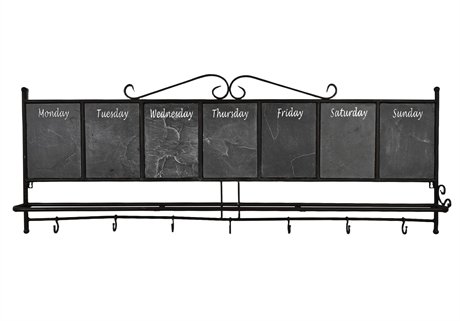 Wrought Iron Wall Organizer with 7 Slate Panels & Hooks – 53” Wide